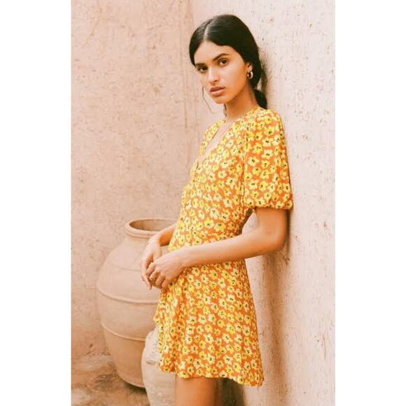 FAITHFULL THE BRAND Ilia Thelma Floral Tie Back Dress Saffron Yellow Orange OO36 - Picture 3 of 7